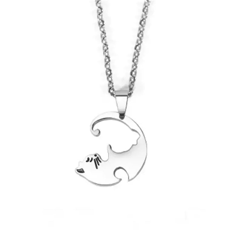 Two Cat Couple Necklaces Jewelry Stainless Steel Black White Kitten Animal Pendant Choker Necklace Lovers Friendship Gift