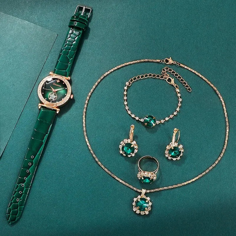 6PCS Set Green Luxury Quartz Watch Women Ring Necklace Earring Rhinestone Fashion Wristwatch Casual Ladies Bracelet Watches